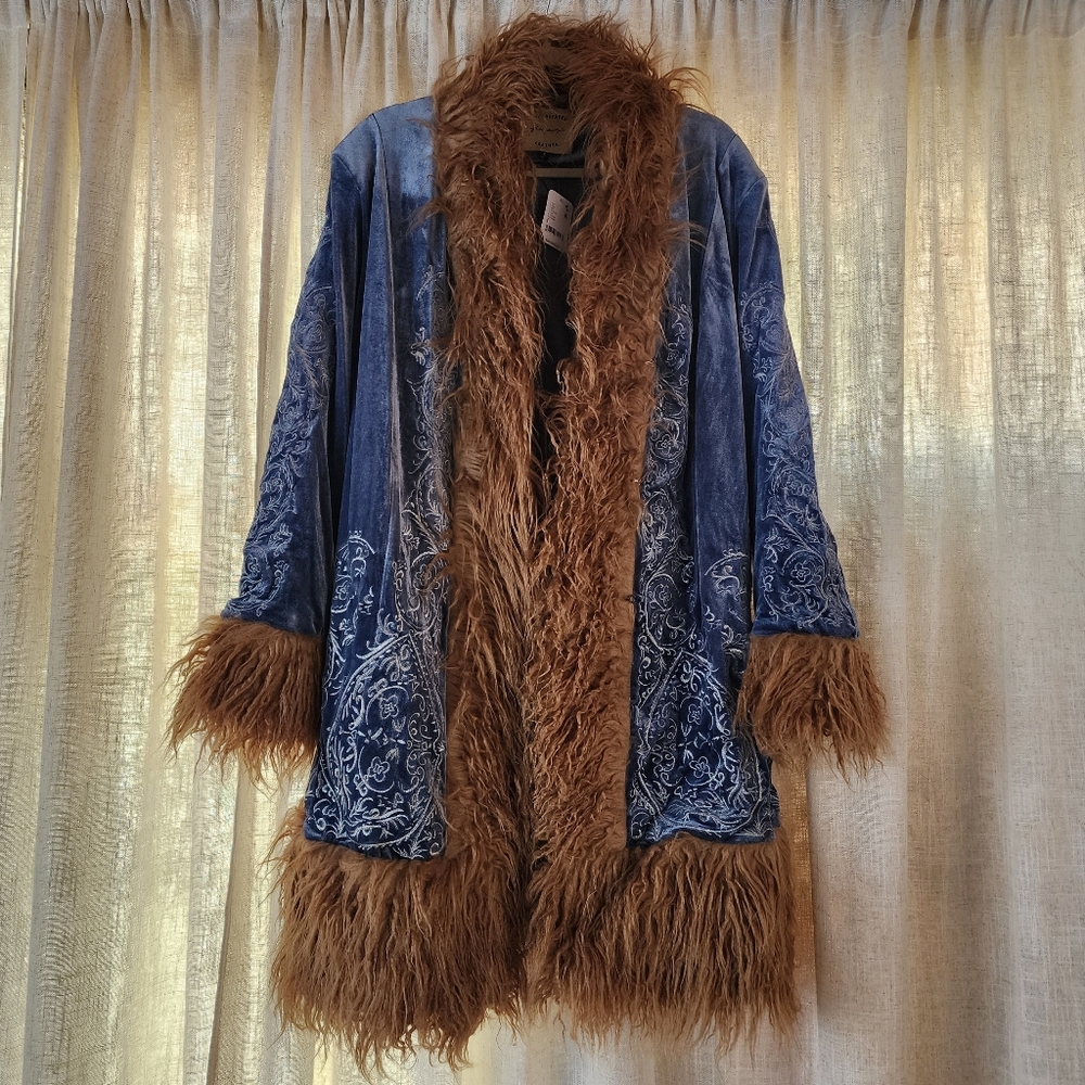 Free People Understated Moon Glow Blue Velvet Coat with Brown Faux Fur Trim